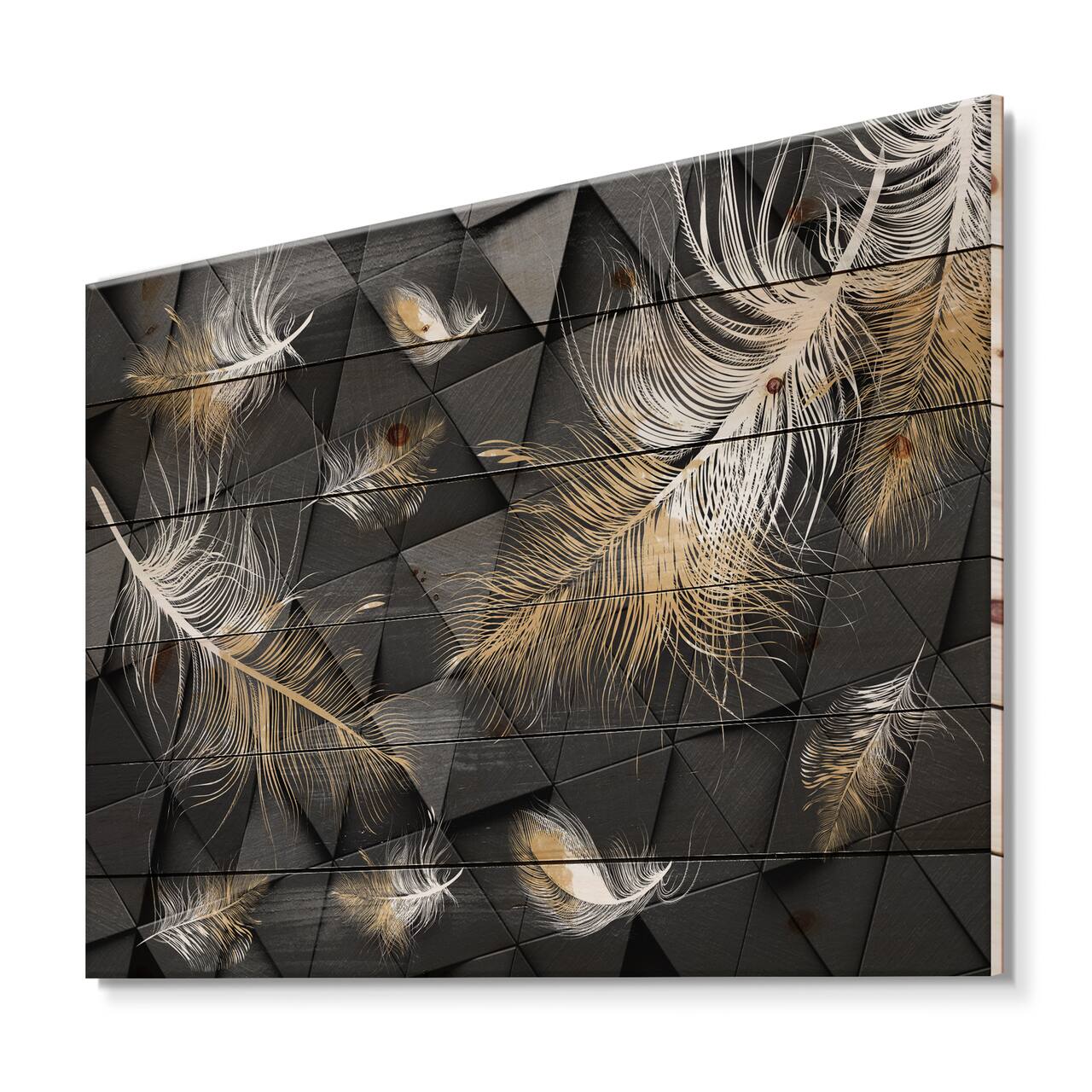 Designart - White and Gold Feathers On Triangular - Modern Print on Natural Pine Wood